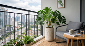 Dekorasi sudut balkon apartemen menjadi lebih hijau dengan tanaman hias dalam pot teraso kotak putih