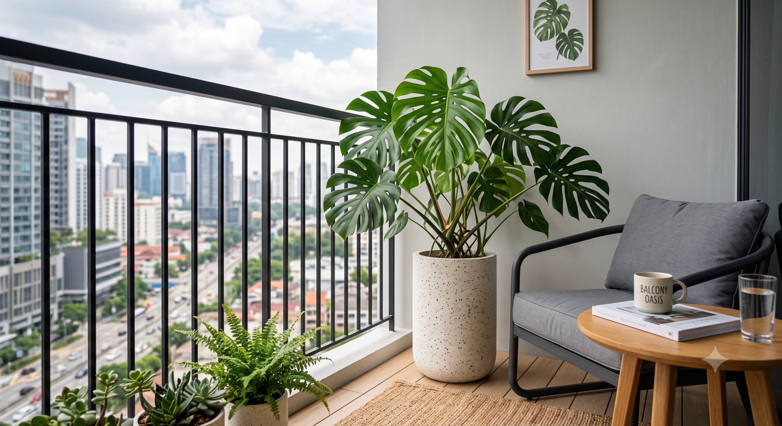Dekorasi sudut balkon apartemen menjadi lebih hijau dengan tanaman hias dalam pot teraso kotak putih