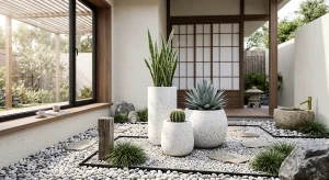 Desain taman kering minimalis dengan aksen pot teraso putih bulat besar dan batu koral