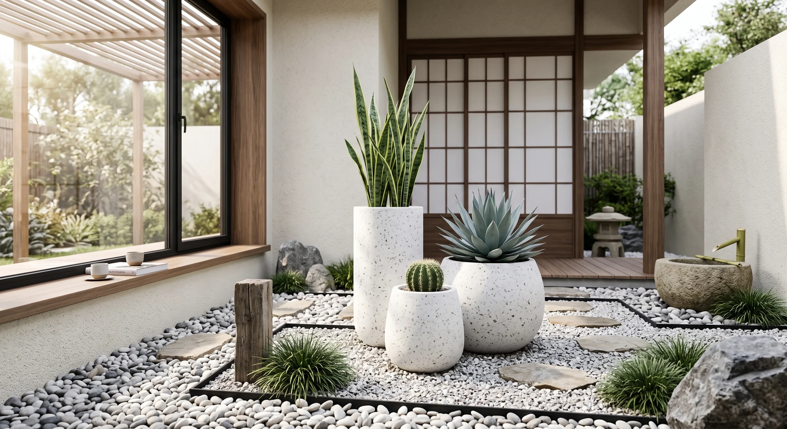 Desain taman kering minimalis dengan aksen pot teraso putih bulat besar dan batu koral